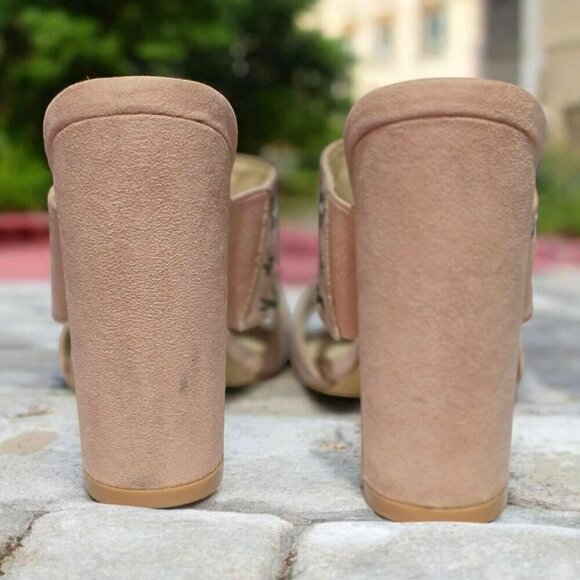 N by Nicole Miller ✦ Embroidered Leah Sandal ✦ Floral Beige Open Toe Chunky Heel - Picture 4 of 11